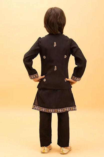 Premium Black Koti Kurta Set for Kids Boys 6-12 Years