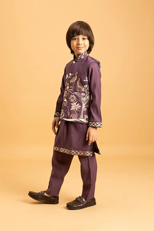 Graceful Purple Koti Kurta Set for Kids Wear