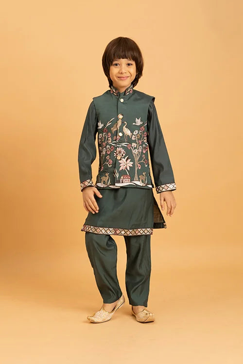 Party & Wedding Special Stylish Green Koti Kurta Set for Kids