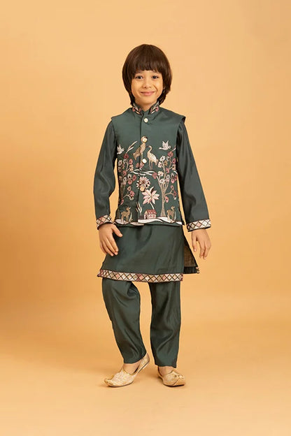 Party & Wedding Special Stylish Green Koti Kurta Set for Kids