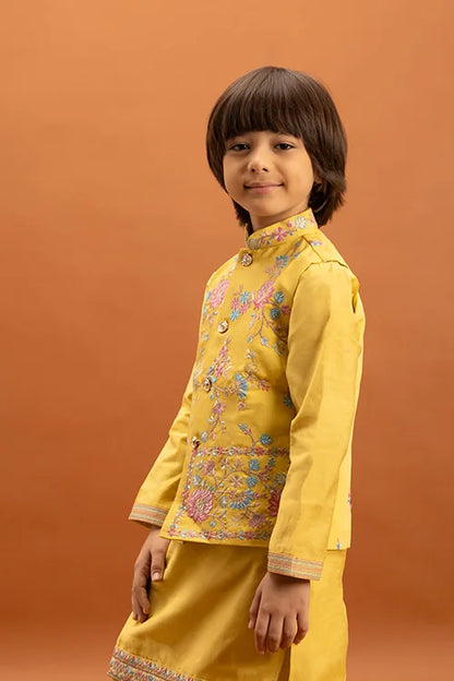 Haldi Celebration Kids Wear Yellow Kurta Pajama with Koti