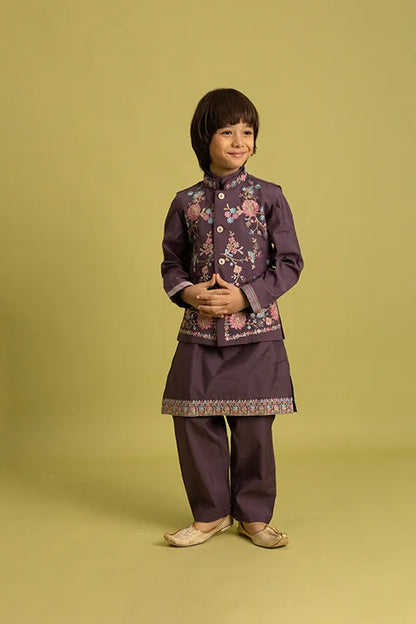 Premium Purple Kids Koti Kurta Pajama Set for Wedding Style