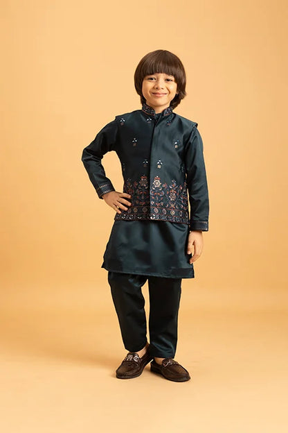 Dark Green Mirror Work Embroidered Koti Kurta for Kids Wear