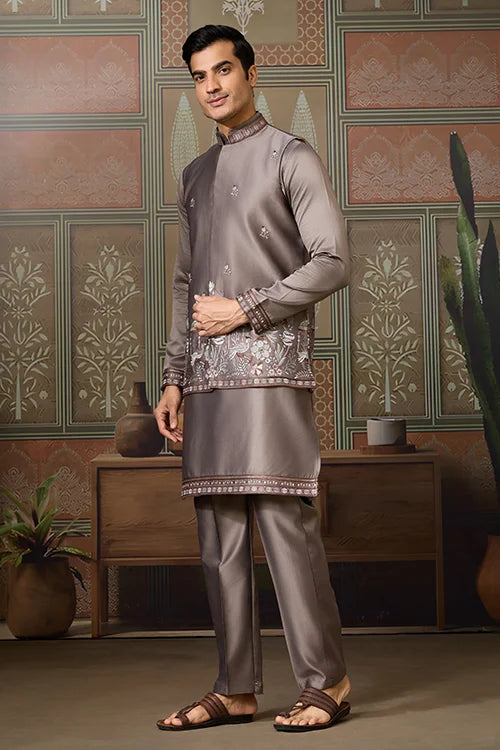Grey Embroidered Koti Kurta Set for Mens Wear