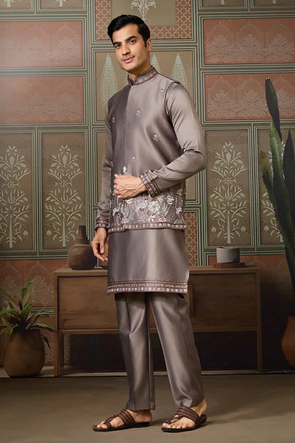 Grey Embroidered Koti Kurta Set for Mens Wear