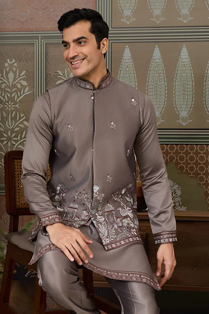 Grey Embroidered Koti Kurta Set for Mens Wear