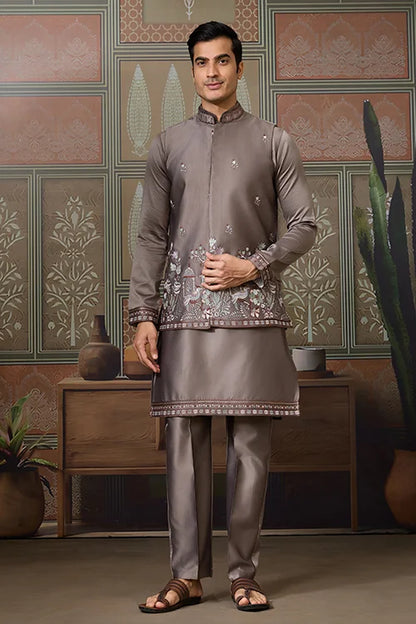 Grey Embroidered Koti Kurta Set for Mens Wear