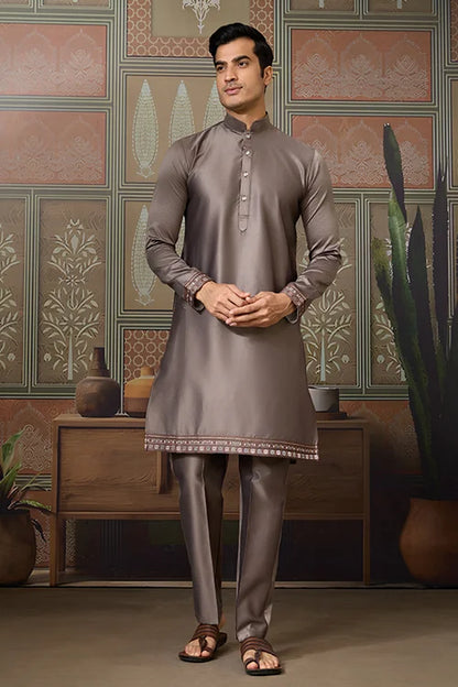 Grey Embroidered Koti Kurta Set for Mens Wear