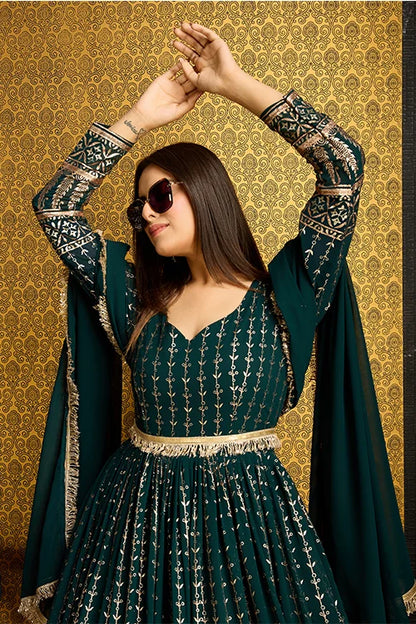 Green Color Designer Metalic Foil Work Ready To Wear Gown