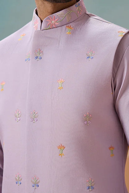 Trendy Lavender Wedding Celebration Beige Kurta Koti Pant Mens