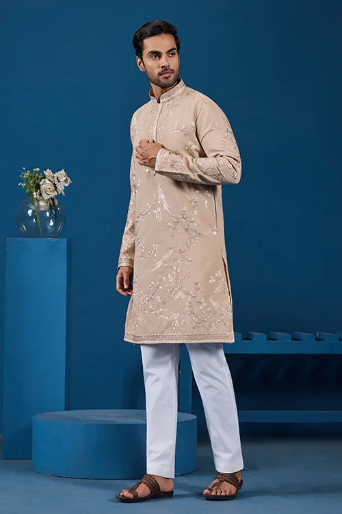 Elegant Beige Embroidered Viscose Silk Kurta for Mens