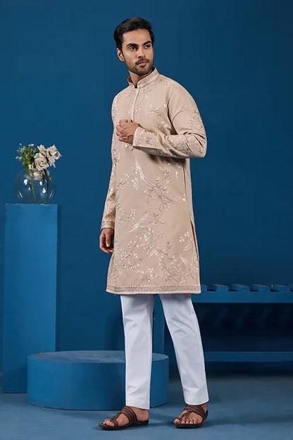 Elegant Beige Embroidered Viscose Silk Kurta for Mens