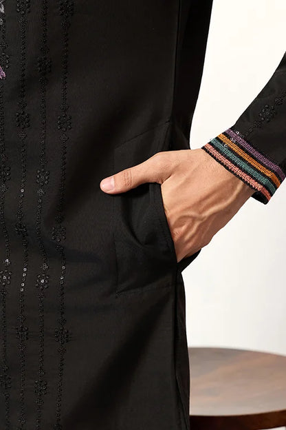 Party Wear Black V Neck Style Kurta Pant For Mens Wear