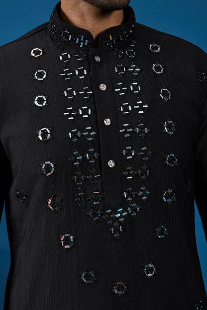 Classy Black Mirror Kurta Pant Wedding Outfit for Mens