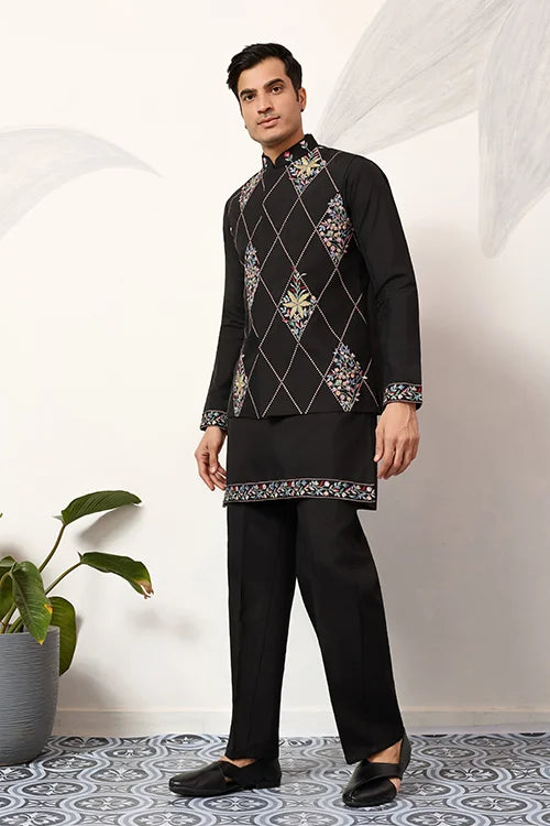 Premium Wedding Black Koti Kurta Pajama for Mens Wear