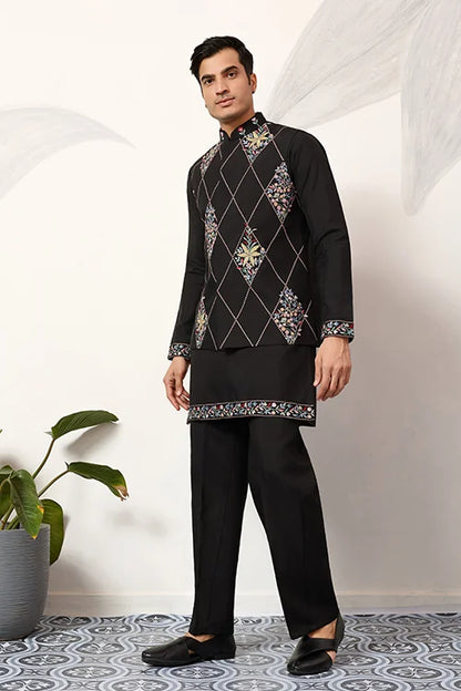 Premium Wedding Black Koti Kurta Pajama for Mens Wear