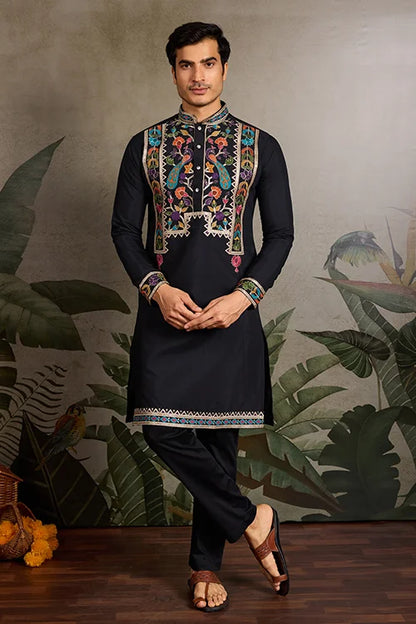 Designer Black Embroidered Mens Kurta for Wedding