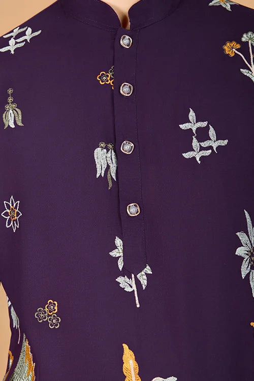 Traditional Embroidered Purple Viscose Rayon Kurta For Men