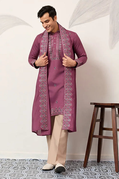 Trendy Pink Color Kurta With Dupatta For Mens Wear