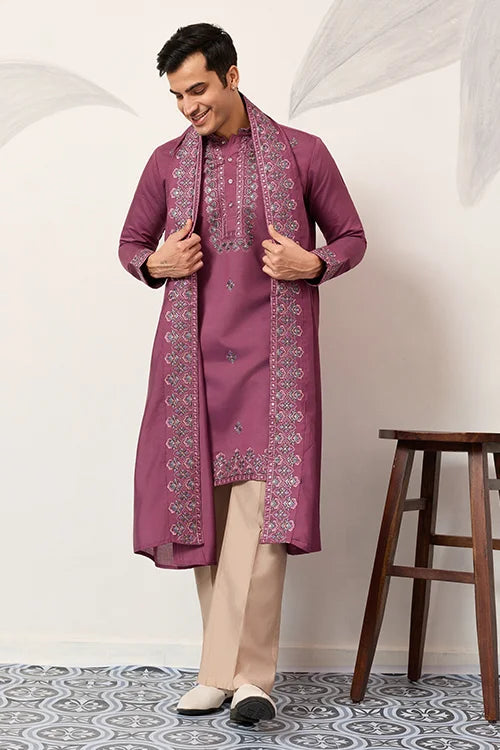 Trendy Pink Color Kurta With Dupatta For Mens Wear