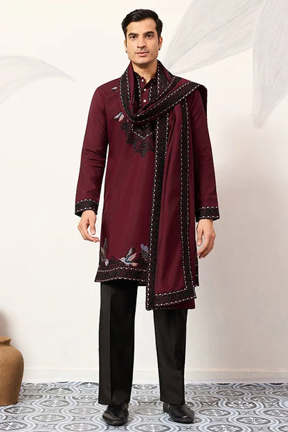 Vibrant Maroon Festive Kurta With Dupatta Set For Groom's Tribe