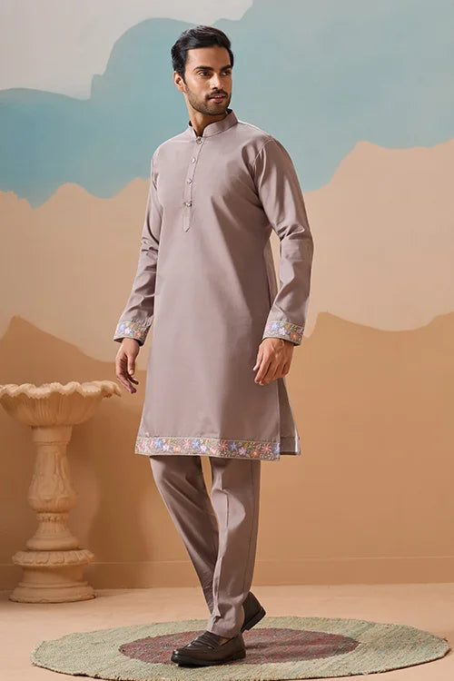 Elegant Grey Embroidered Koti Kurta Pant for Mens