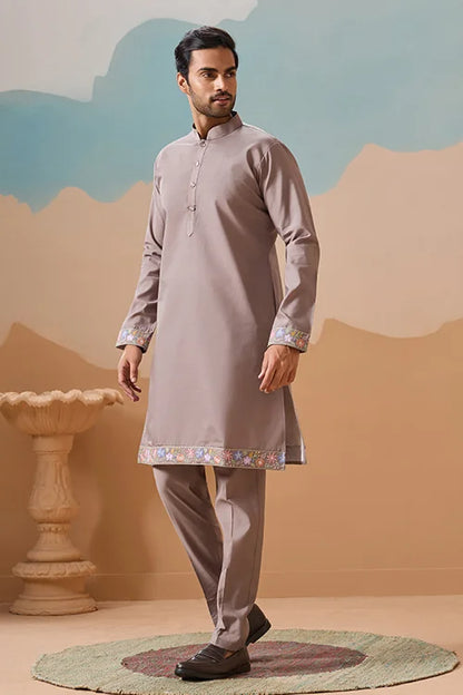 Elegant Grey Embroidered Koti Kurta Pant for Mens
