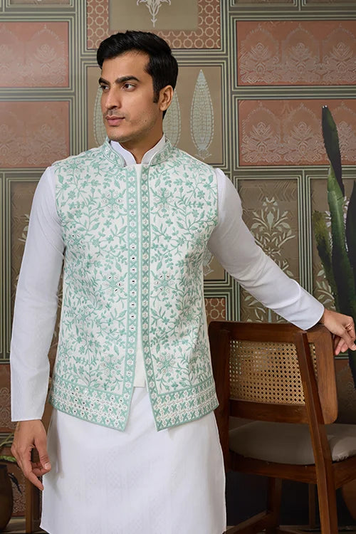 Wedding White Kurta Pajama with Green Koti Style