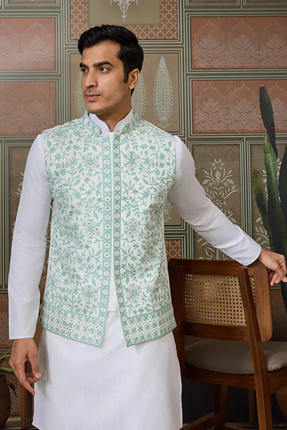 Wedding White Kurta Pajama with Green Koti Style