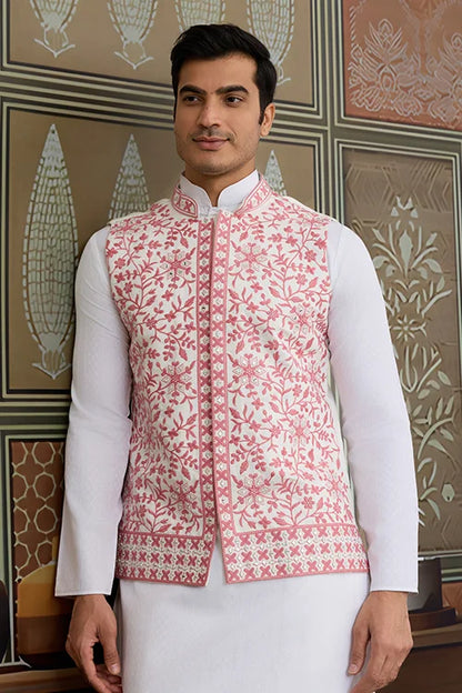 Wedding Pink Koti with White Kurta Pajama Set