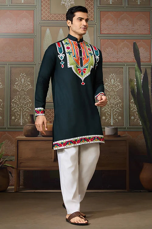 Green Embroidered Festival Wear Kurta for Men