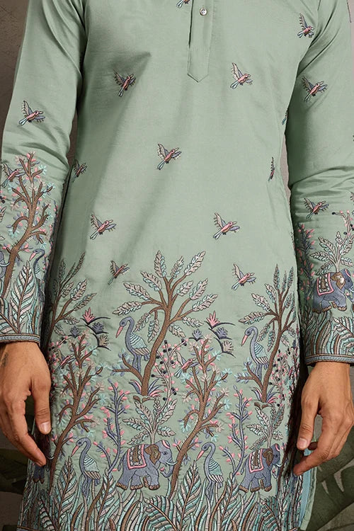 Embroidered Pista Green Wedding Kurta for Mens