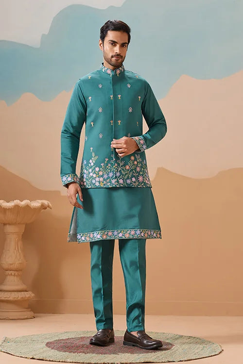 Wedding Party Outfit Rama Green Kurta Koti Pant for Men