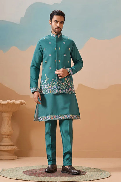 Wedding Party Outfit Rama Green Kurta Koti Pant for Men