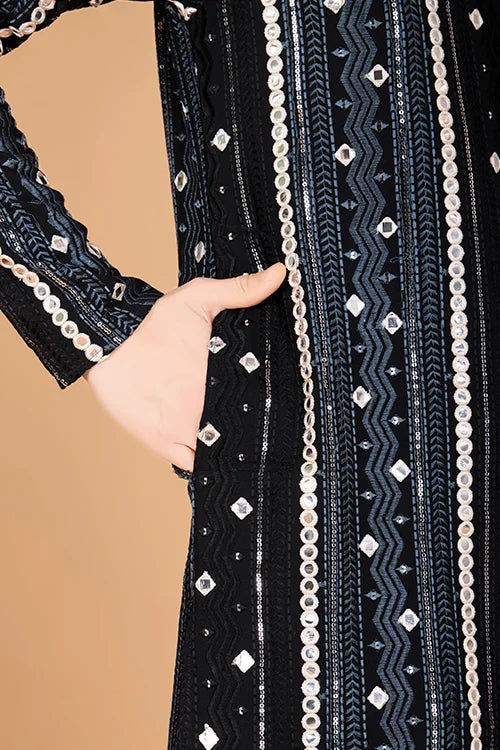 Viscose Rayon Black Color Heavy Embroidered Kurta For Men