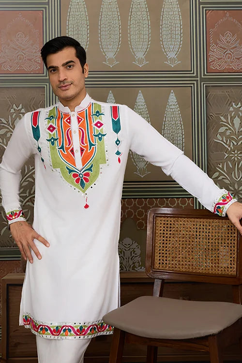 White Traditional Designer Festival Wear Kurta for Men