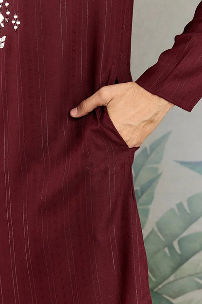 Traditional Maroon Mirror Embroidered Kurta with Dupatta