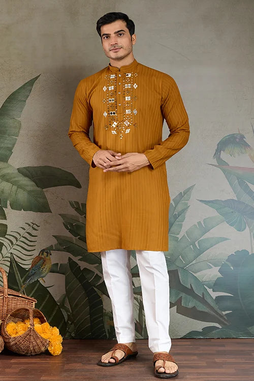 Wedding Special Mustard Mirror Kurta Set with Dupatta for Men
