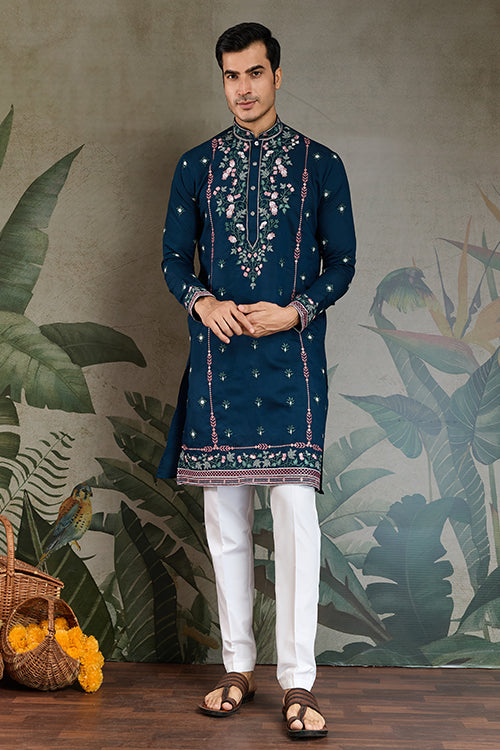 Wedding Special Teal Blue Embroidered Silk Kurta