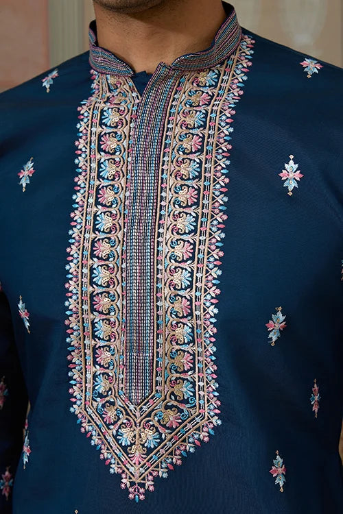 Modern Teal Blue Open Koti Kurta Set for Men