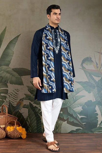 Elegant Navy Blue Mens Wear Kurta Set with Dupatta