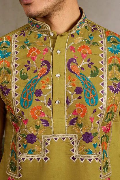 Festive Wear Flourescent Green Embroidered Kurta for Men