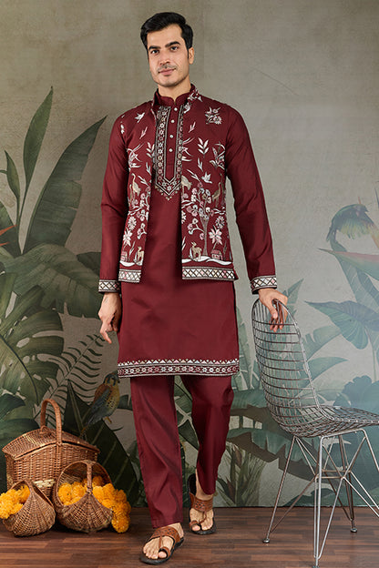 Wedding Special Maroon Jacket Style Kurta Pajama Full Set