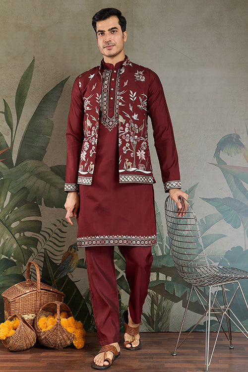 Wedding Special Maroon Jacket Style Kurta Pajama Full Set