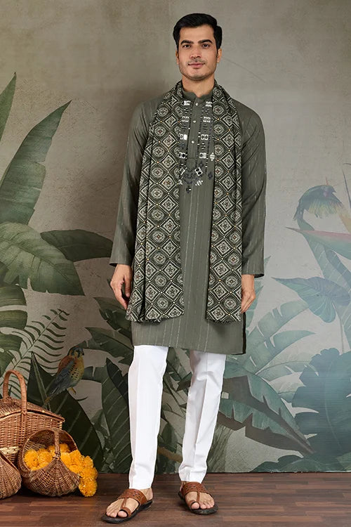 Premium Olive Green Mirror Work Kurta with Dupatta for Occasions