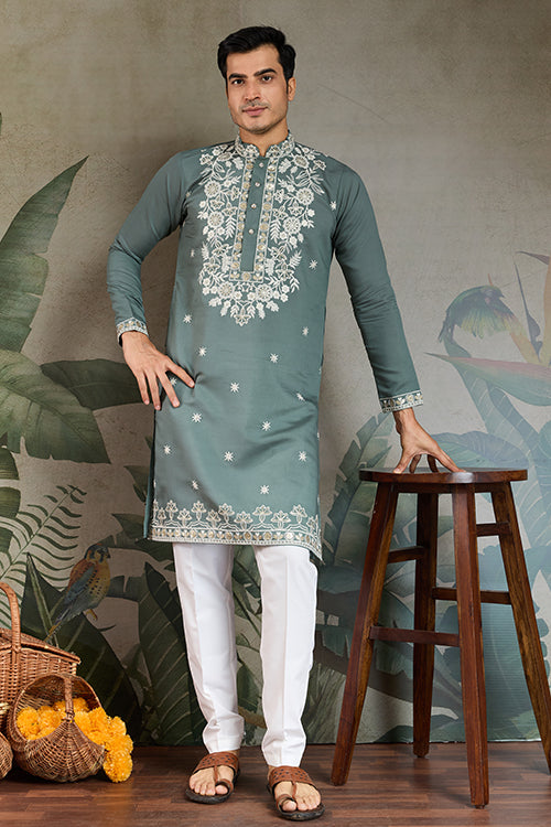 Pastel Pista Viscose Silk Embroidered Kurta For Men