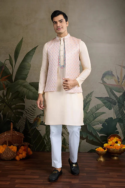 Festive Wear Off White Silk Kurta With Jacquard Koti