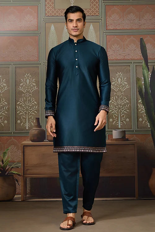 Traditional Teal Blue Koti Kurta Set for Mens Wear