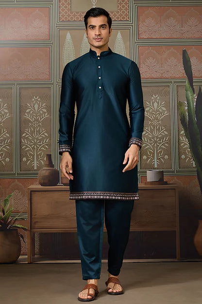 Traditional Teal Blue Koti Kurta Set for Mens Wear