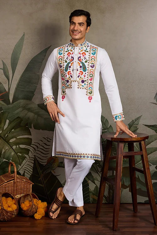 White Embroidered Mens Kurta for Special Events